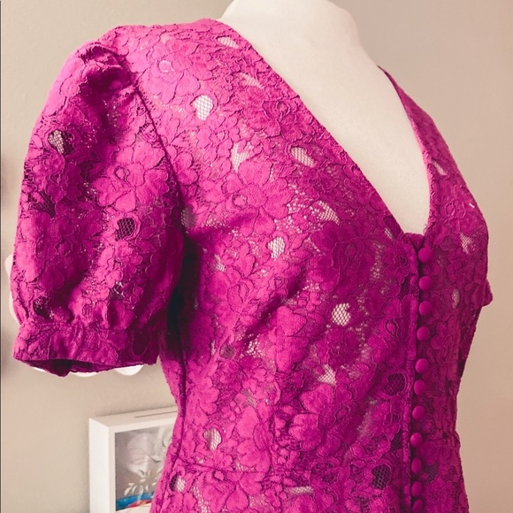 Free People Magenta Floral Lace V-Neck Puff Sleeve Peplum Button-Up Top Small - - Picture 2 of 5